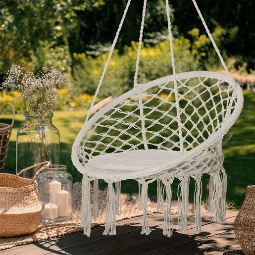 Outsunny Cadeira Suspensa Redonda Ø60 cm com Almofada e Corda de Algodão para Interior e Exterior Capacidade 120 kg 80x80x42 cm Bege
