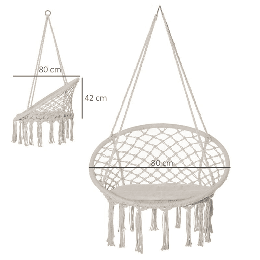 Outsunny Cadeira Suspensa Redonda Ø60 cm com Almofada e Corda de Algodão para Interior e Exterior Capacidade 120 kg 80x80x42 cm Bege