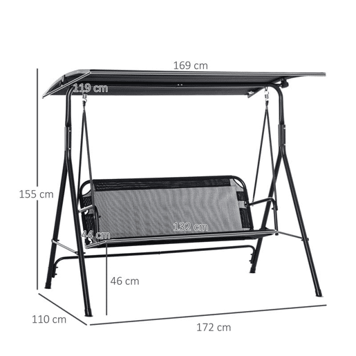 Outsunny Baloiço de Jardim de 2 Lugares Baloiço com Teto Ajustável em Ângulo para Terraço Balcão Carga Máxima 200kg Aço 172x110x155cm Preto