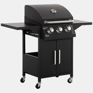 Outsunny Barbecue a Gás com 3 Queimadores Termómetro Barbecue a Gás com 2 Prateleiras Laterais Armário de 2 Portas 4 Rodas e Travão Aço de Carbono 121x55x109 cm Preto