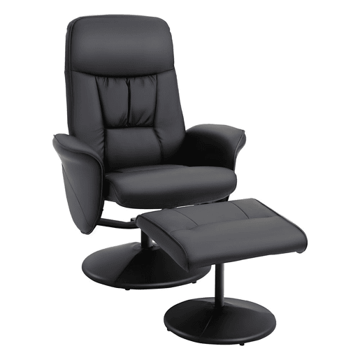 HOMCOM Poltrona Relax com Apoio para os Pés Estofada em PU Poltrona Relax Reclinável até 145° e Giratório 360° com Encosto Ajustável para Sala de Estar Dormitório Escritório 81x81x105cm Preto