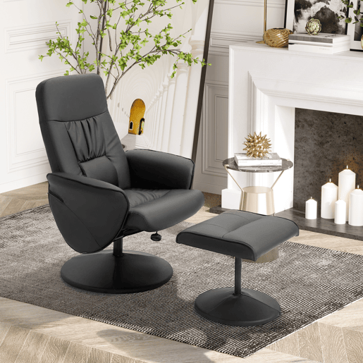 HOMCOM Poltrona Relax com Apoio para os Pés Estofada em PU Poltrona Relax Reclinável até 145° e Giratório 360° com Encosto Ajustável para Sala de Estar Dormitório Escritório 81x81x105cm Preto