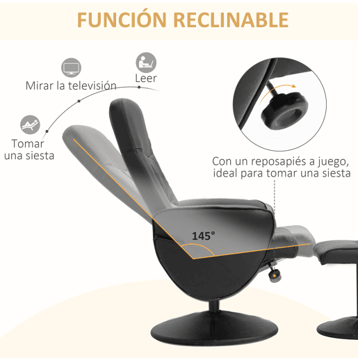 HOMCOM Poltrona Relax com Apoio para os Pés Estofada em PU Poltrona Relax Reclinável até 145° e Giratório 360° com Encosto Ajustável para Sala de Estar Dormitório Escritório 81x81x105cm Preto