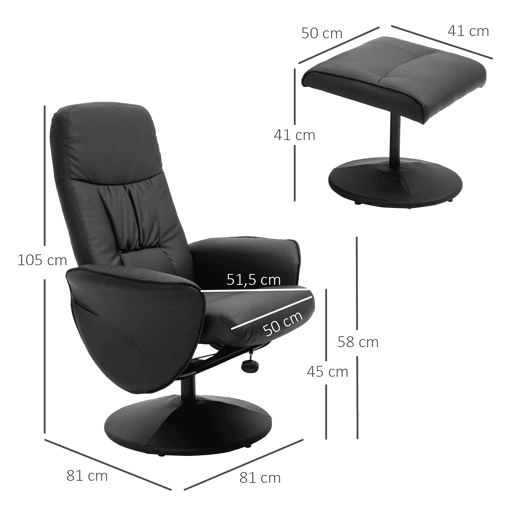 HOMCOM Poltrona Relax com Apoio para os Pés Estofada em PU Poltrona Relax Reclinável até 145° e Giratório 360° com Encosto Ajustável para Sala de Estar Dormitório Escritório 81x81x105cm Preto