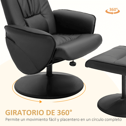 HOMCOM Poltrona Relax com Apoio para os Pés Estofada em PU Poltrona Relax Reclinável até 145° e Giratório 360° com Encosto Ajustável para Sala de Estar Dormitório Escritório 81x81x105cm Preto