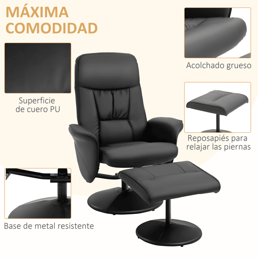 HOMCOM Poltrona Relax com Apoio para os Pés Estofada em PU Poltrona Relax Reclinável até 145° e Giratório 360° com Encosto Ajustável para Sala de Estar Dormitório Escritório 81x81x105cm Preto