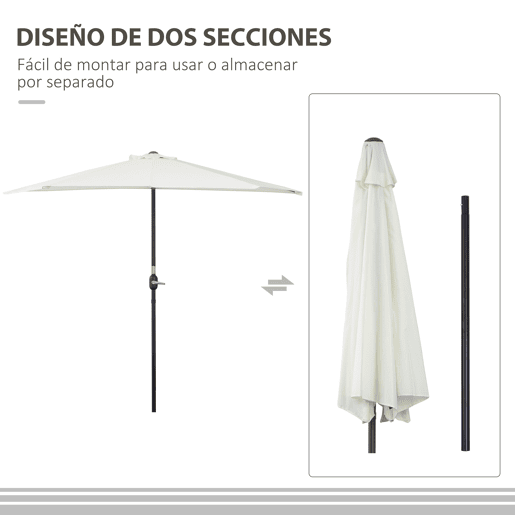 Outsunny Chapéu de Sol 269x138x236 cm Guarda-sol de Jardim com Manivela e Forma Semicircular em Tecido de Poliéster 180 gm² para Exterior Terraço Pátio Piscina Creme