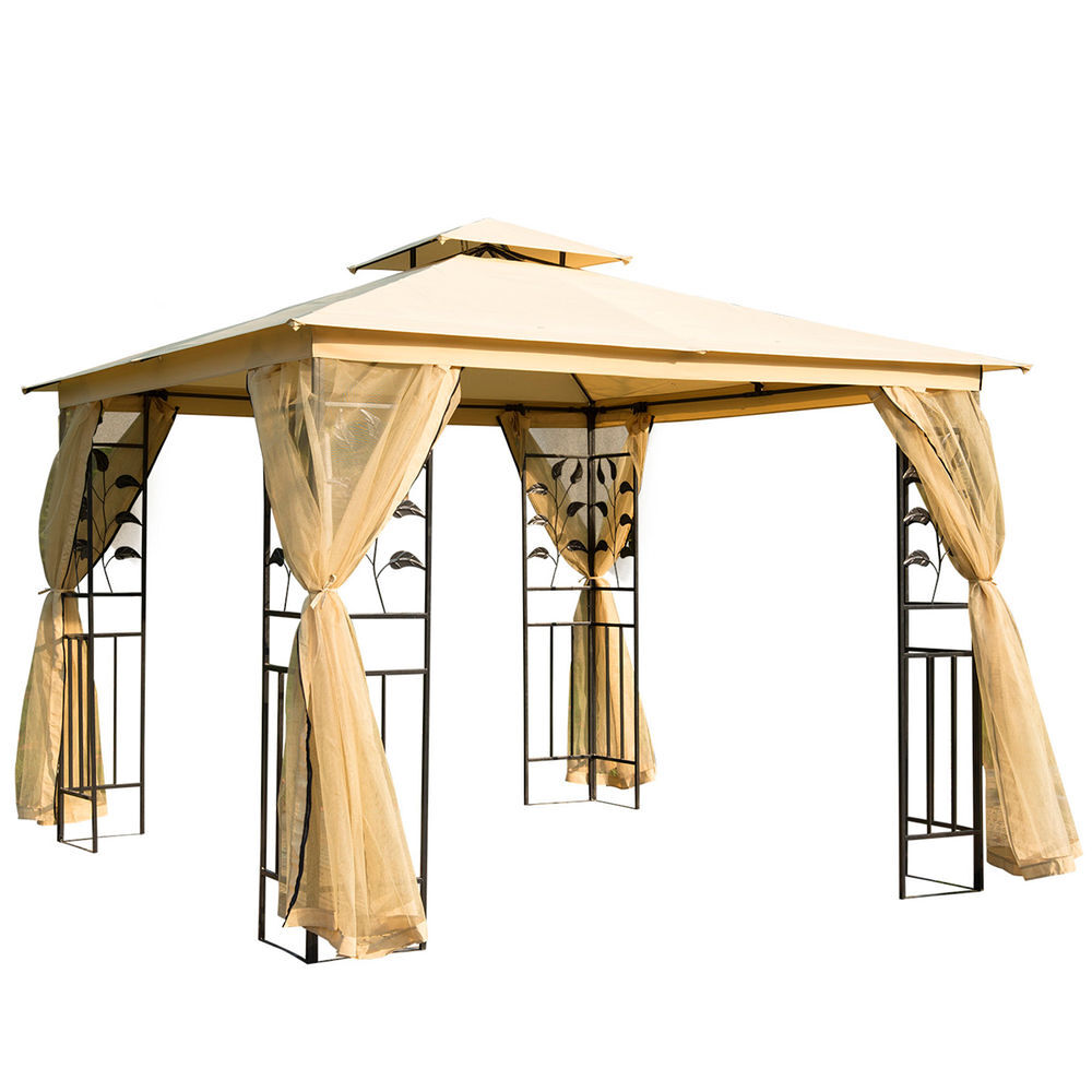 Outsunny cenador de jardín 3x3x2,72 m gazebo carpas para exterior grandes con doble techo mosquiteras y marco de acero para patio fiesta beige