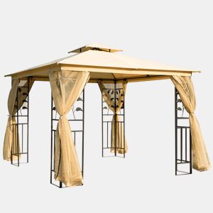 Outsunny Gazebo de Jardim 3x3x2,72 m com Teto Duplo, Mosquiteiros e Estrutura de Aço para Exterior e Festas - Bege