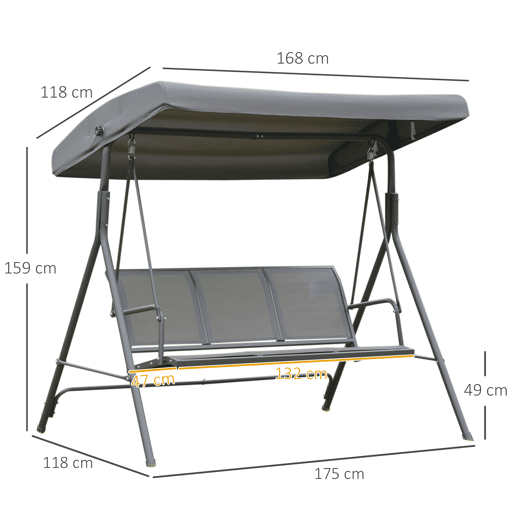 Outsunny Baloiço de Jardim Exterior de 3 Lugares com Toldo Reclinável, Baloiço de Jardim com Encosto Respirável e Estrutura de Aço, para Terraço e Varanda, 175x118x159 cm, Cinzento