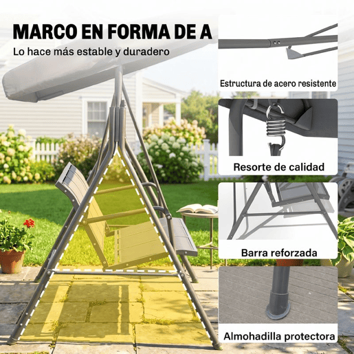 Outsunny Baloiço de Jardim Exterior de 3 Lugares com Toldo Reclinável, Baloiço de Jardim com Encosto Respirável e Estrutura de Aço, para Terraço e Varanda, 175x118x159 cm, Cinzento