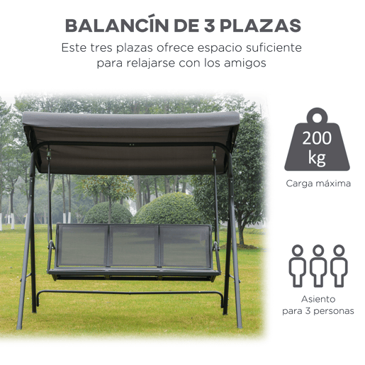 Outsunny Baloiço de Jardim Exterior de 3 Lugares com Toldo Reclinável, Baloiço de Jardim com Encosto Respirável e Estrutura de Aço, para Terraço e Varanda, 175x118x159 cm, Cinzento