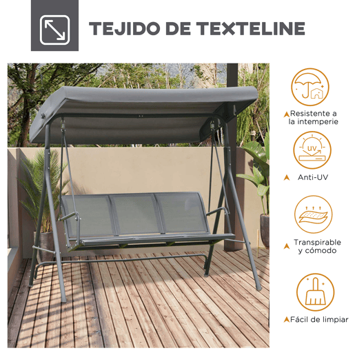 Outsunny Baloiço de Jardim Exterior de 3 Lugares com Toldo Reclinável, Baloiço de Jardim com Encosto Respirável e Estrutura de Aço, para Terraço e Varanda, 175x118x159 cm, Cinzento