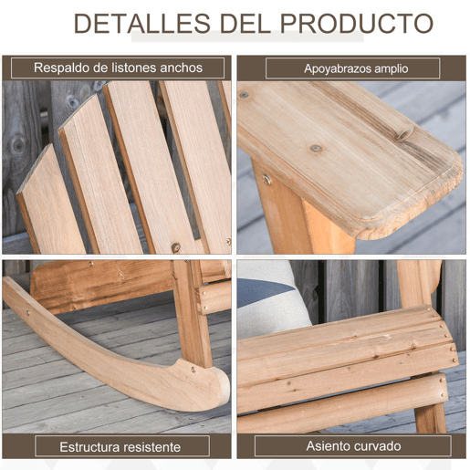Outsunny Cadeira Baloiço Cadeira Adirondack de Madeira Natural 77x94x97 cm para Jardim Varanda Exterior de Estilo Rústico Carga 130 kg Madeira