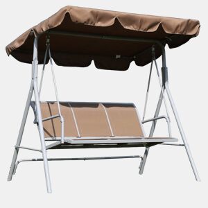 Outsunny Baloiço de Jardim Exterior de 3 Lugares com Toldo Ajustável, Encosto Respirável e Estrutura de Metal para Terraço e Varanda, Suporta até 240 kg, 171x108x150 cm, Castanho