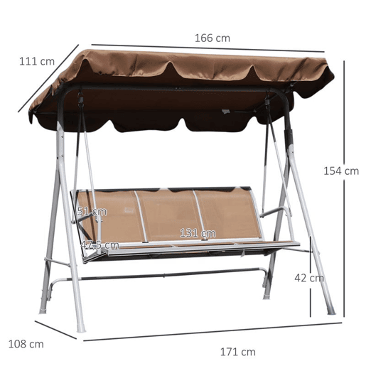 Outsunny Baloiço de Jardim Exterior de 3 Lugares com Toldo Ajustável, Encosto Respirável e Estrutura de Metal para Terraço e Varanda, Suporta até 240 kg, 171x108x150 cm, Castanho