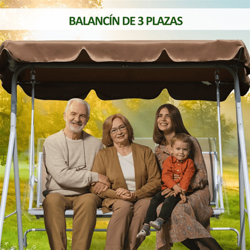 Outsunny Baloiço de Jardim Exterior de 3 Lugares com Toldo Ajustável, Encosto Respirável e Estrutura de Metal para Terraço e Varanda, Suporta até 240 kg, 171x108x150 cm, Castanho