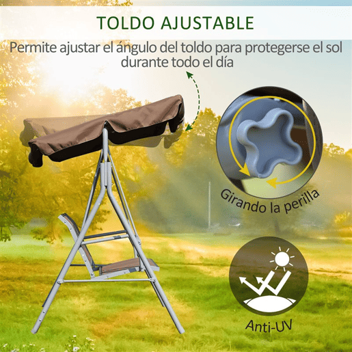 Outsunny Baloiço de Jardim Exterior de 3 Lugares com Toldo Ajustável, Encosto Respirável e Estrutura de Metal para Terraço e Varanda, Suporta até 240 kg, 171x108x150 cm, Castanho