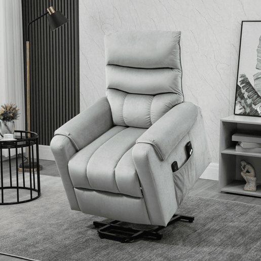 HOMCOM Cadeirão Relax Reclinável Elétrico com Função Elevatória, 8 Pontos de Massagem, 2 Comandos, Apoio para os Pés, Revestimento em Veludo, Estofamento Espesso, Bolso Lateral, Cinzento
