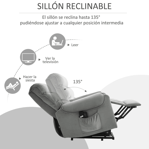 HOMCOM Cadeirão Relax Reclinável Elétrico com Função Elevatória, 8 Pontos de Massagem, 2 Comandos, Apoio para os Pés, Revestimento em Veludo, Estofamento Espesso, Bolso Lateral, Cinzento