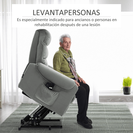 HOMCOM Cadeirão Relax Reclinável Elétrico com Função Elevatória, 8 Pontos de Massagem, 2 Comandos, Apoio para os Pés, Revestimento em Veludo, Estofamento Espesso, Bolso Lateral, Cinzento