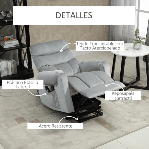 HOMCOM Cadeirão Relax Reclinável Elétrico com Função Elevatória, 8 Pontos de Massagem, 2 Comandos, Apoio para os Pés, Revestimento em Veludo, Estofamento Espesso, Bolso Lateral, Cinzento