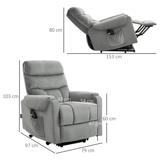 HOMCOM Cadeirão Relax Reclinável Elétrico com Função Elevatória, 8 Pontos de Massagem, 2 Comandos, Apoio para os Pés, Revestimento em Veludo, Estofamento Espesso, Bolso Lateral, Cinzento
