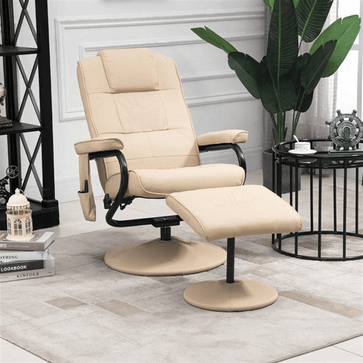 HOMCOM Poltrona de Massagem Elétrica com Banco para Apoiar os Pés Poltrona Relax Giratório Reclinável em até 145° com Controle Remoto e 10 Zonas de Massagem Estofado em PU 77x84x95cm Bege