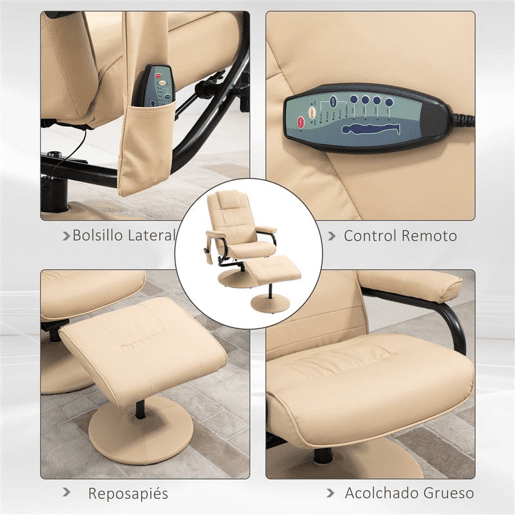 HOMCOM Poltrona de Massagem Elétrica com Banco para Apoiar os Pés Poltrona Relax Giratório Reclinável em até 145° com Controle Remoto e 10 Zonas de Massagem Estofado em PU 77x84x95cm Bege