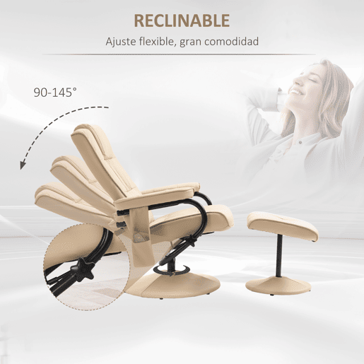 HOMCOM Poltrona de Massagem Elétrica com Banco para Apoiar os Pés Poltrona Relax Giratório Reclinável em até 145° com Controle Remoto e 10 Zonas de Massagem Estofado em PU 77x84x95cm Bege