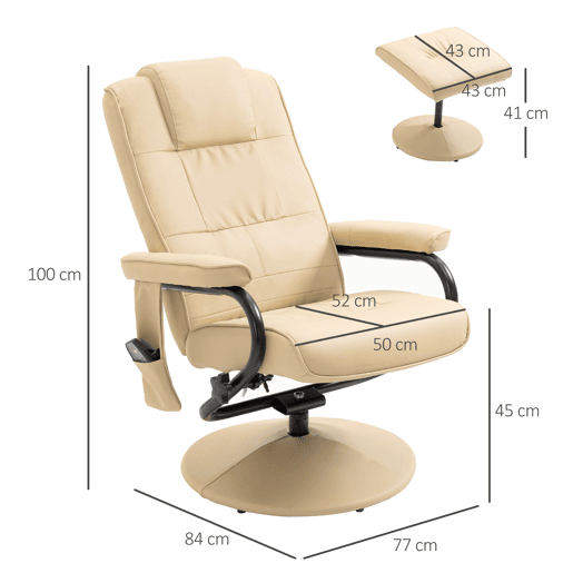 HOMCOM Poltrona de Massagem Elétrica com Banco para Apoiar os Pés Poltrona Relax Giratório Reclinável em até 145° com Controle Remoto e 10 Zonas de Massagem Estofado em PU 77x84x95cm Bege