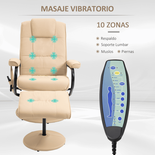 HOMCOM Poltrona de Massagem Elétrica com Banco para Apoiar os Pés Poltrona Relax Giratório Reclinável em até 145° com Controle Remoto e 10 Zonas de Massagem Estofado em PU 77x84x95cm Bege