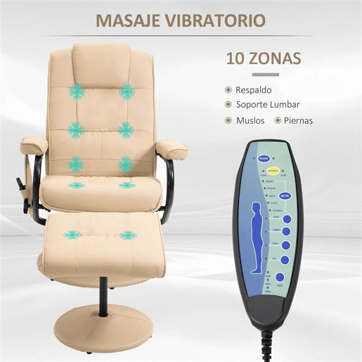 HOMCOM Poltrona de Massagem Elétrica com Banco para Apoiar os Pés Poltrona Relax Giratório Reclinável em até 145° com Controle Remoto e 10 Zonas de Massagem Estofado em PU 77x84x95cm Bege