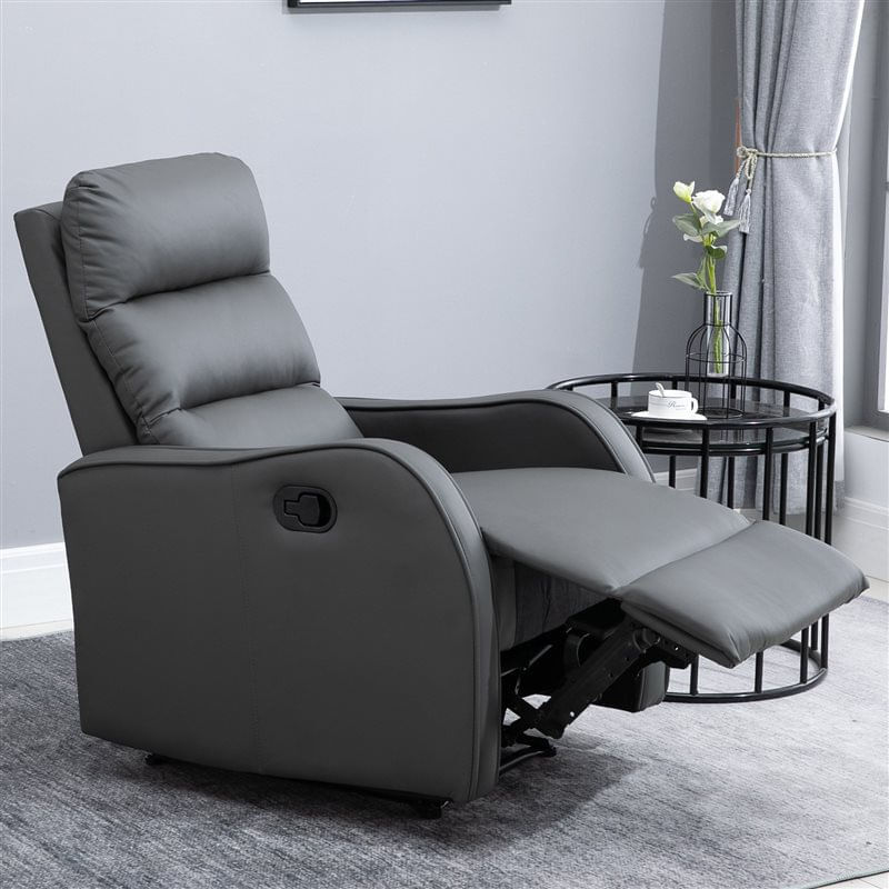 Homcom sillón relax reclinable manual, sillón relax tapizado en pu con reposapiés retráctil, acolchado grueso, butaca reclinable hasta 160º, para salón, dormitorio, gris, 65x89x100 cm