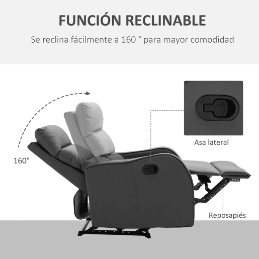 HOMCOM Poltrona Reclinável Manual, Poltrona Relax Estofada em PU com Apoio para Pés Retrátil, Acolchoada, Reclinável até 160°, para Sala, Quarto, Cinzento, 65x89x100 cm