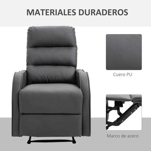 HOMCOM Poltrona Reclinável Manual, Poltrona Relax Estofada em PU com Apoio para Pés Retrátil, Acolchoada, Reclinável até 160°, para Sala, Quarto, Cinzento, 65x89x100 cm