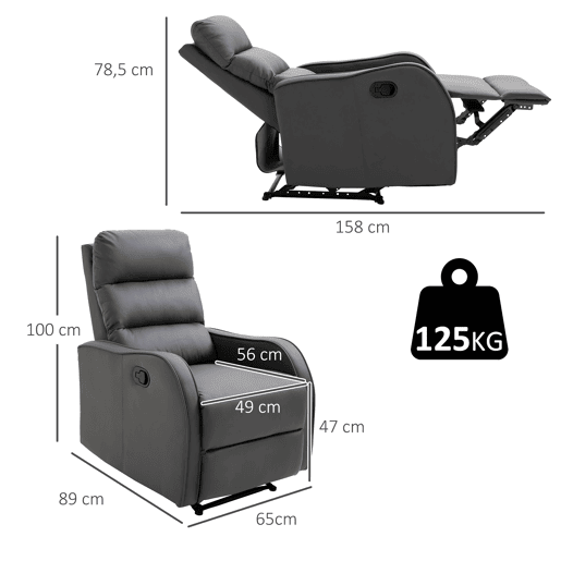HOMCOM Poltrona Reclinável Manual, Poltrona Relax Estofada em PU com Apoio para Pés Retrátil, Acolchoada, Reclinável até 160°, para Sala, Quarto, Cinzento, 65x89x100 cm
