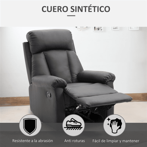 HOMCOM Poltrona Relax Reclinável Estofado em PU Poltrona de Sala de Estar com Apoio para os Pés Retrátil Encosto Alto Apoio para os Braços e Assento Acolchoado Grosso 80x97x107cm Preto