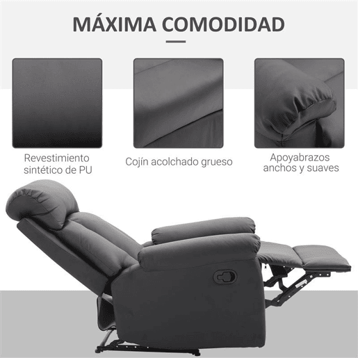 HOMCOM Poltrona Relax Reclinável Estofado em PU Poltrona de Sala de Estar com Apoio para os Pés Retrátil Encosto Alto Apoio para os Braços e Assento Acolchoado Grosso 80x97x107cm Preto