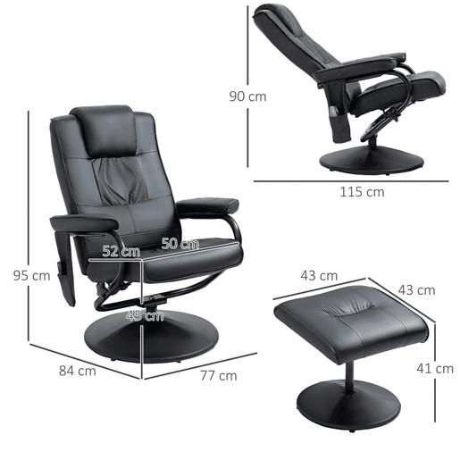 HOMCOM Poltrona de Massagem Elétrica com Banco para Apoiar os Pés Poltrona Relax Giratório Reclinável em até 145° com Controle Remoto e 10 Zonas de Massagem Estofado em PU 77x84x95cm Preto