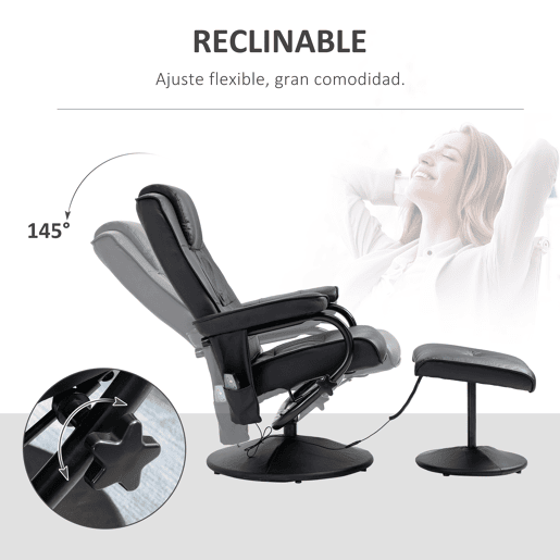 HOMCOM Poltrona de Massagem Elétrica com Banco para Apoiar os Pés Poltrona Relax Giratório Reclinável em até 145° com Controle Remoto e 10 Zonas de Massagem Estofado em PU 77x84x95cm Preto