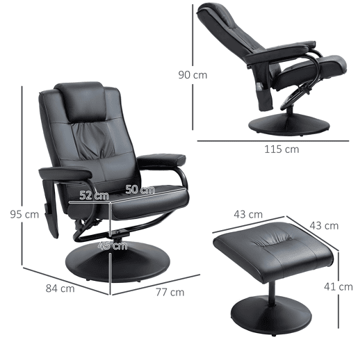 HOMCOM Poltrona de Massagem Elétrica com Banco para Apoiar os Pés Poltrona Relax Giratório Reclinável em até 145° com Controle Remoto e 10 Zonas de Massagem Estofado em PU 77x84x95cm Preto