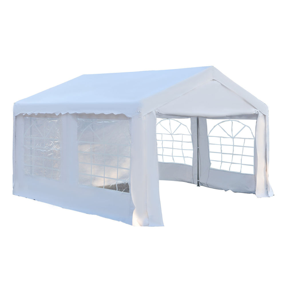 Outsunny carpa para fiesta cochera gazebo 4x4m pergola cenador pabellón 4 paneles laterales 6 ventanas anti-uv para eventos bodas acero pe blanco