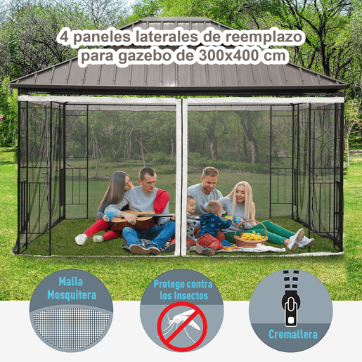 Outsunny 4 Painéis Laterais 352x207 cm para Tenda de Jardim Mosquiteira para Gazebo Gazebo com Zíperes e Anéis Preto