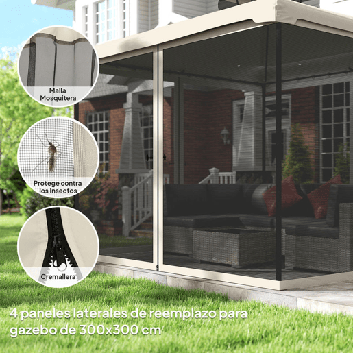 Outsunny 4 Painéis Laterais 302x207 cm para Tenda de Jardim Mosquiteira para Gazebo com Zíperes e Anéis Pretos