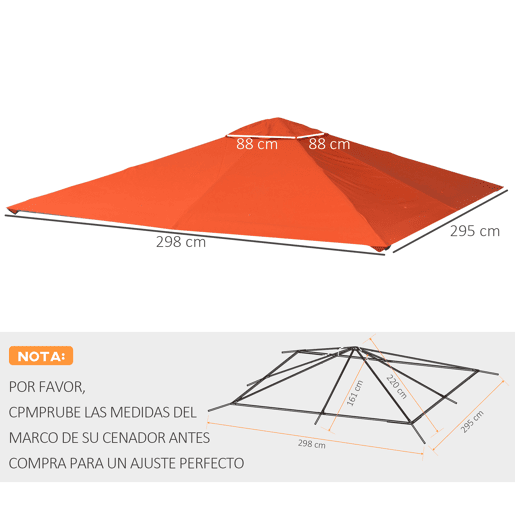 Outsunny Toldo de Substituição de 3x3m para Pérgola de Jardim com 8 Orifícios de Drenagem e Ventilação Laranja
