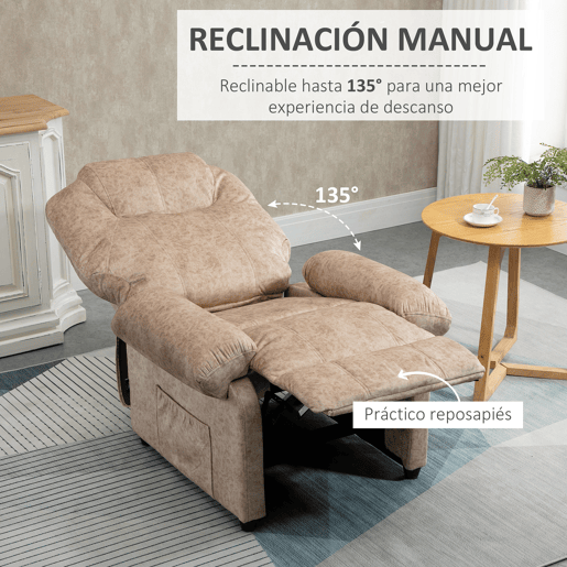 HOMCOM Poltrona Relax Reclinável Poltrona para Sala de Estar com Apoio para os Pés Retrátil Encosto Alto Bolso Lateral Acolchoado Grosso 88x91x108 cm Bege
