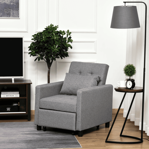 HOMCOM Sofá-cama Individual Poltrona com encosto reclinável Almofada removível Assento acolchoado e 4 rodas 69x77x84 cm Cinza