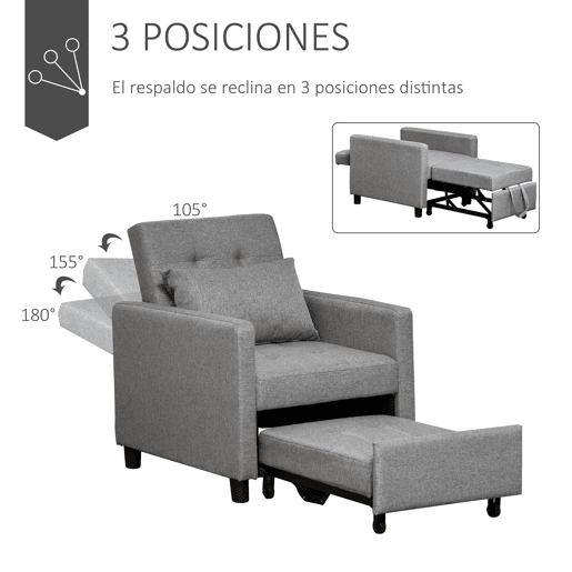 HOMCOM Sofá-cama Individual Poltrona com encosto reclinável Almofada removível Assento acolchoado e 4 rodas 69x77x84 cm Cinza