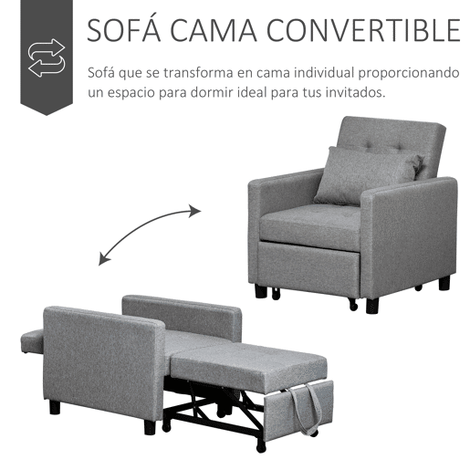HOMCOM Sofá-cama Individual Poltrona com encosto reclinável Almofada removível Assento acolchoado e 4 rodas 69x77x84 cm Cinza